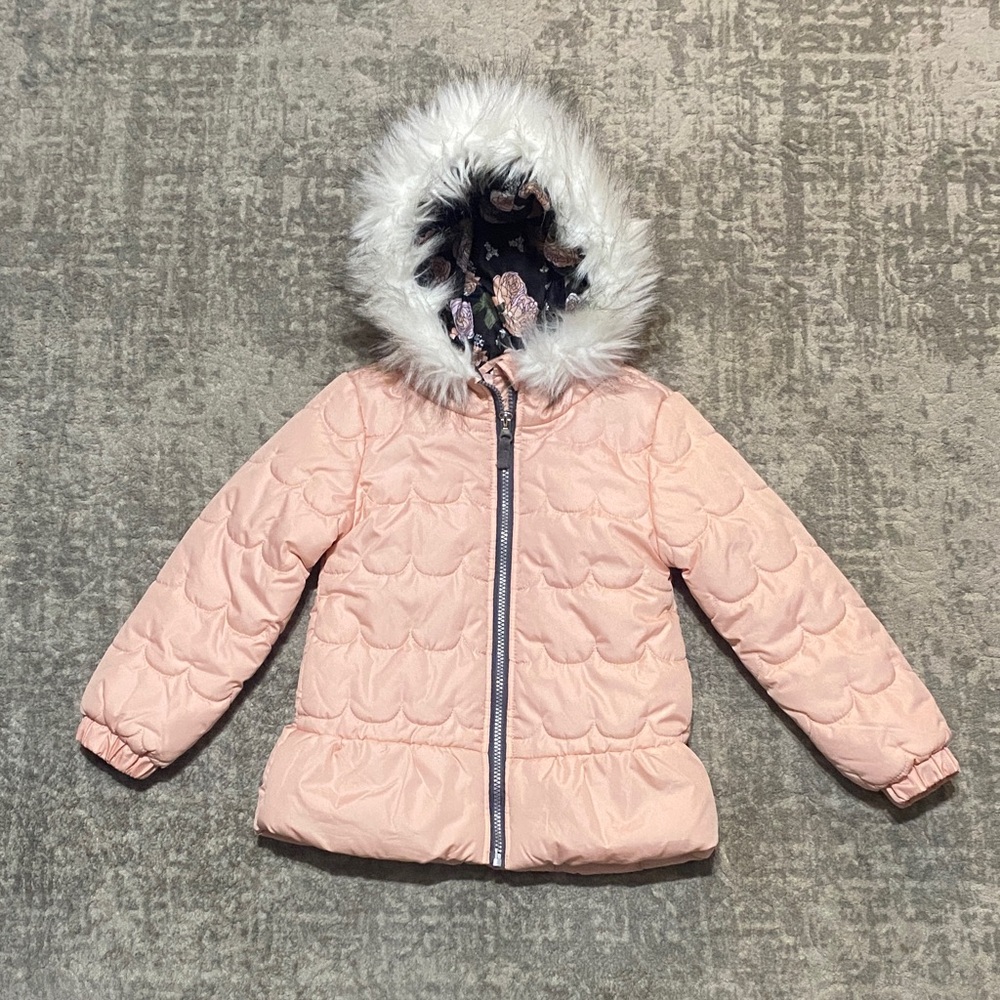WEATHER TAMER Girls Pink Quilted Puffer Winter Jacket, Fur Trim Hood, Size 5/6.